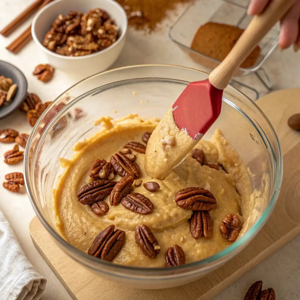 Pecans being folded into blondie batter with a rubber spatula in a glass bowl.