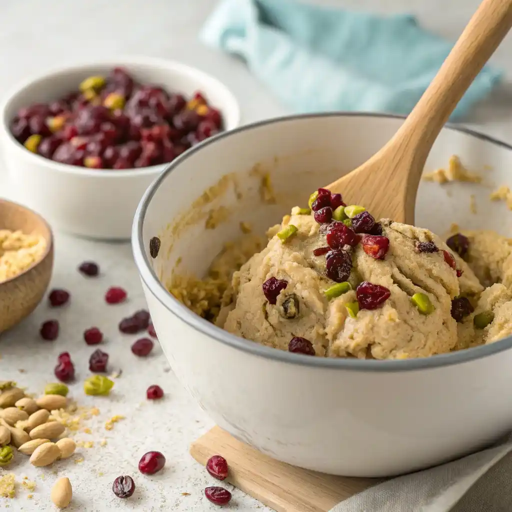Cookie dough with cranberries and pistachios being folded in.