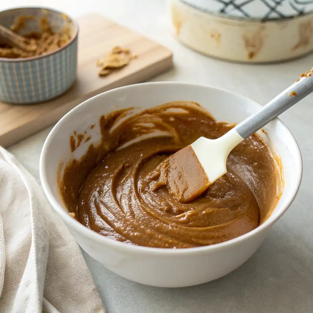 Thick glossy maple cookie bar batter folded with a spatula.