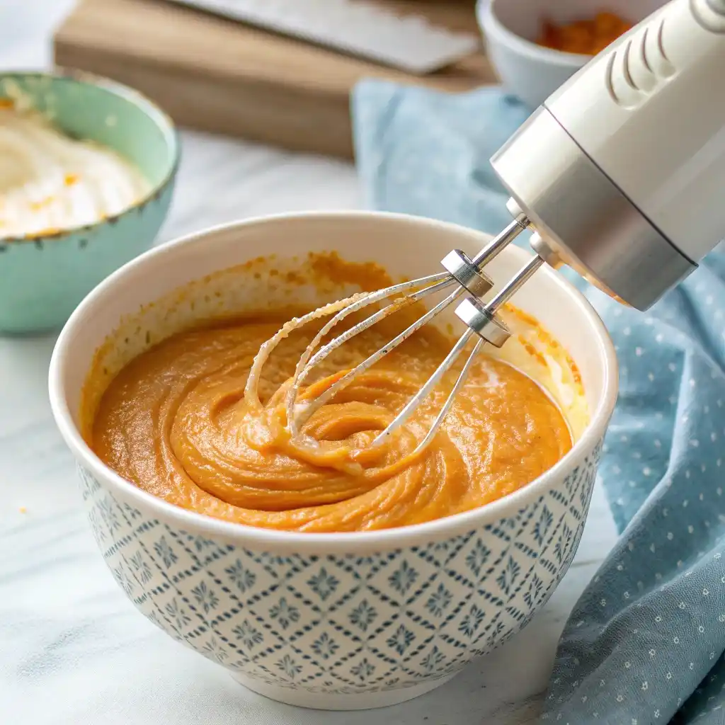 Mixing pumpkin puree and cream cheese for no bake pumpkin cheesecake filling.