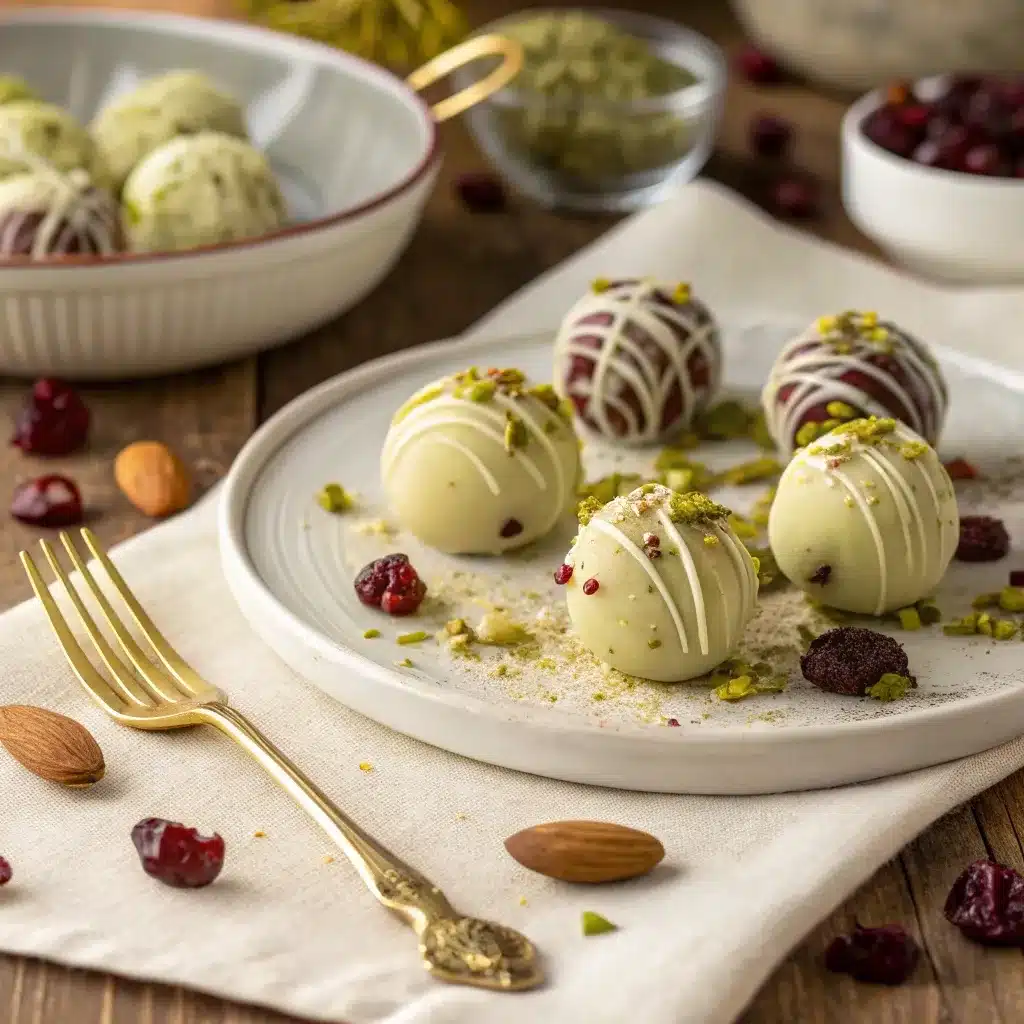 No bake cranberry pistachio truffles rolled in nuts and drizzled with white chocolate