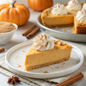 No Bake Marshmallow Pumpkin Pie slice with whipped cream