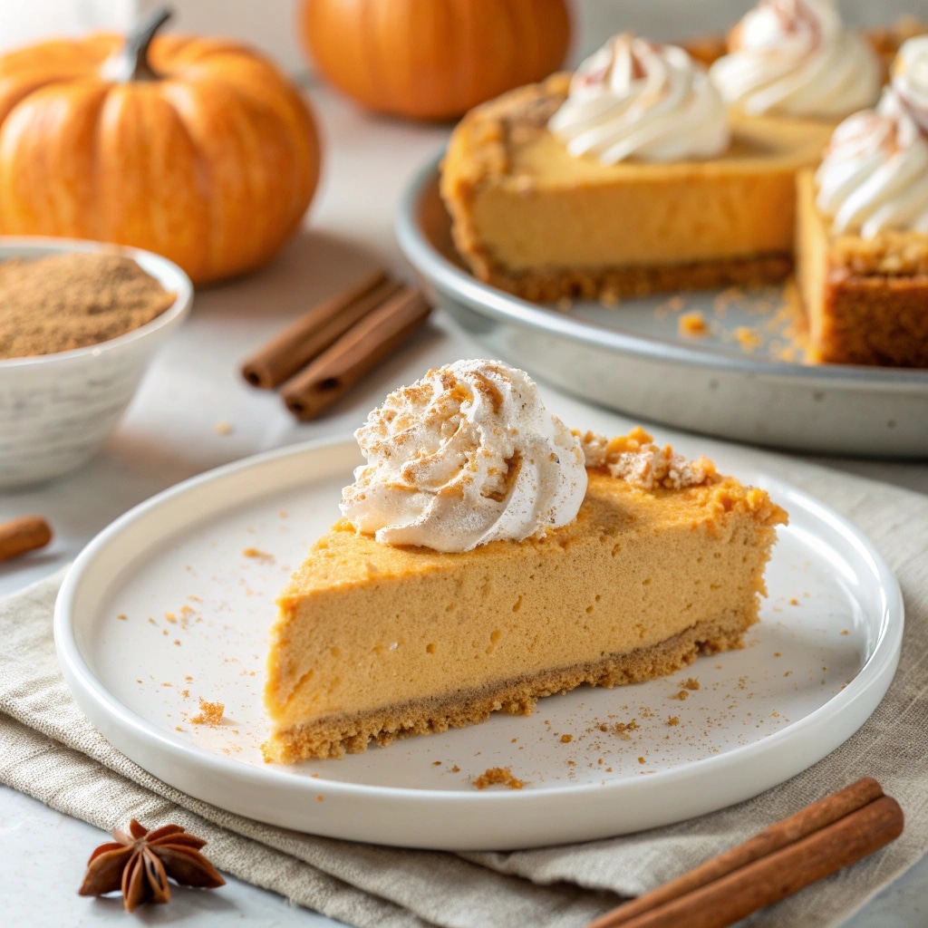 No Bake Marshmallow Pumpkin Pie slice with whipped cream