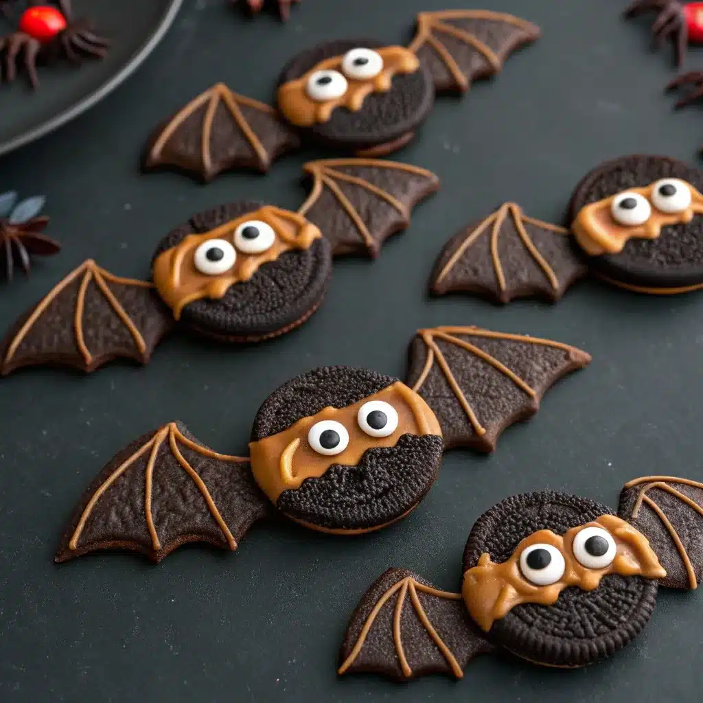 No bake Oreo cookies styled as bats with chocolate drizzle