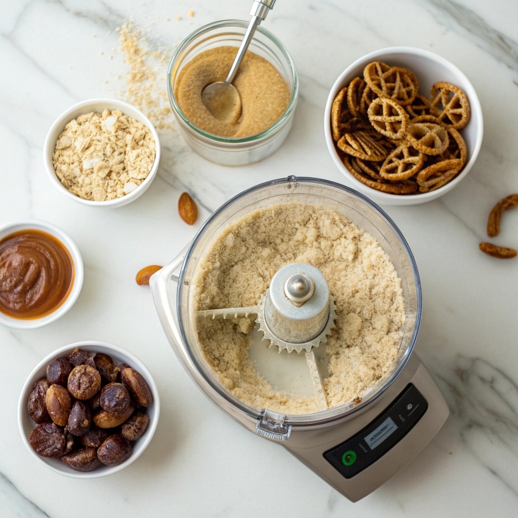 Blending pretzels and oats for caramel pretzel bar base