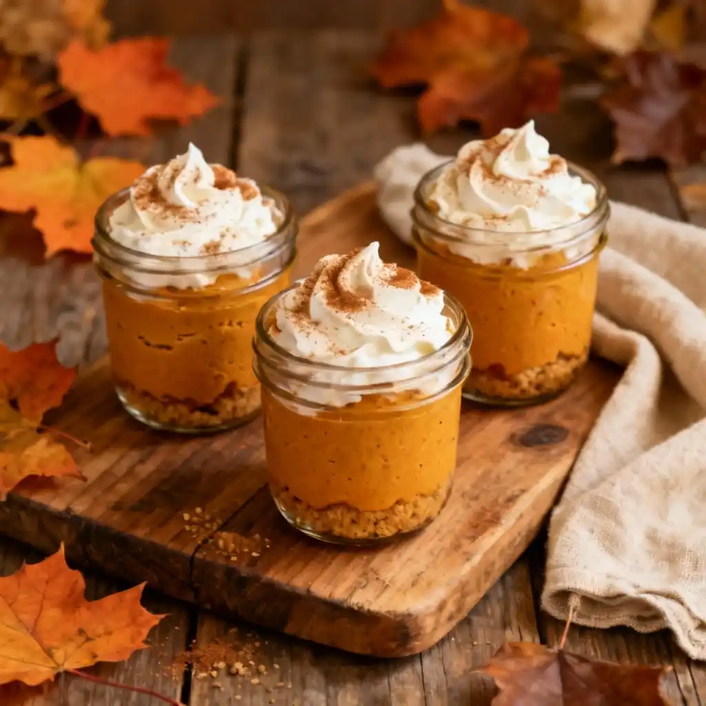 No bake pumpkin cheesecake cups with whipped cream and cinnamon on a wooden board.
