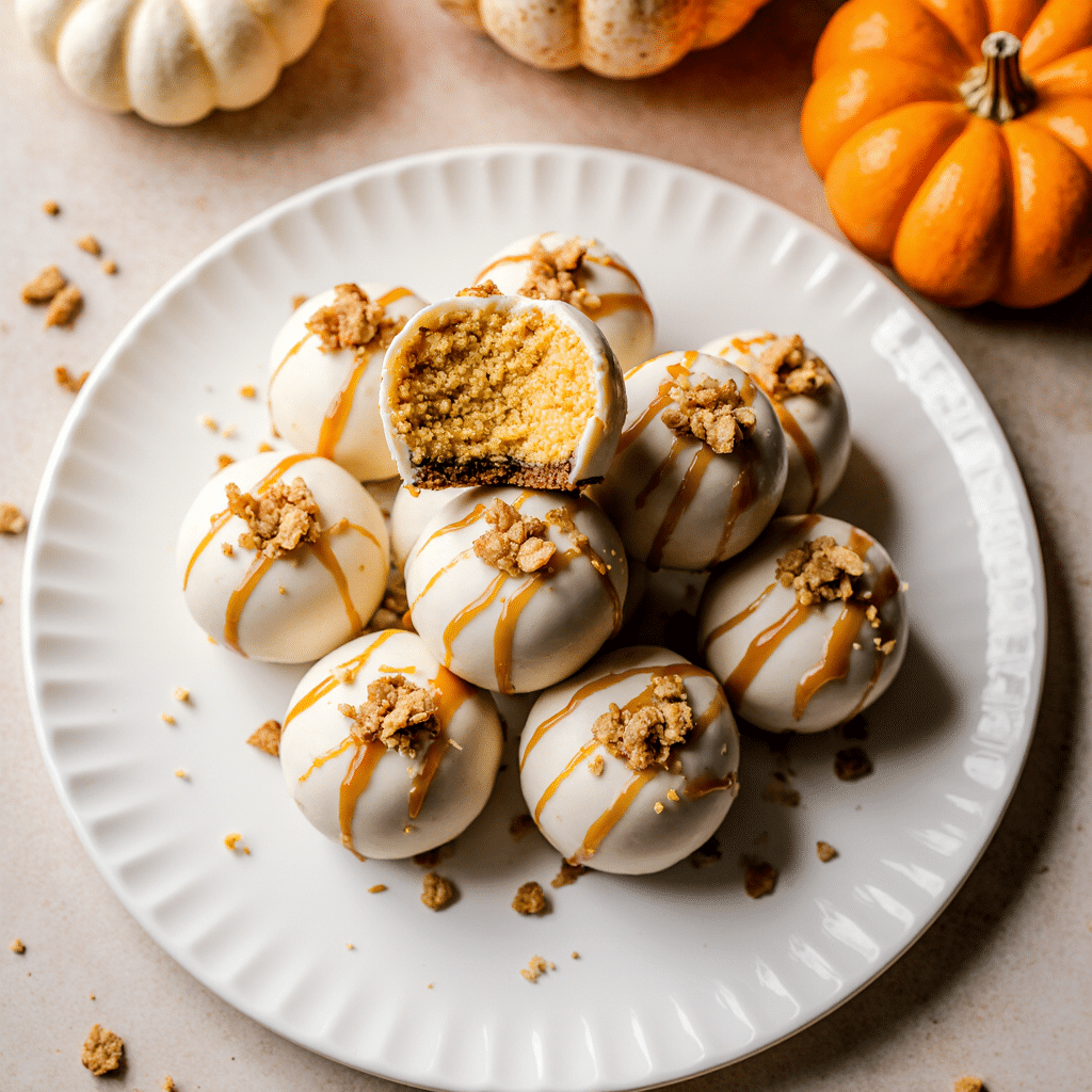 no bake pumpkin cheesecake truffles with caramel drizzle and crumb topping, one bitten to show creamy center
