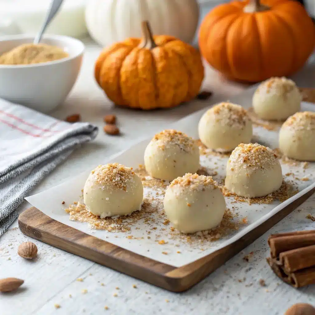 No bake pumpkin cheesecake truffles dipped in white chocolate with cinnamon