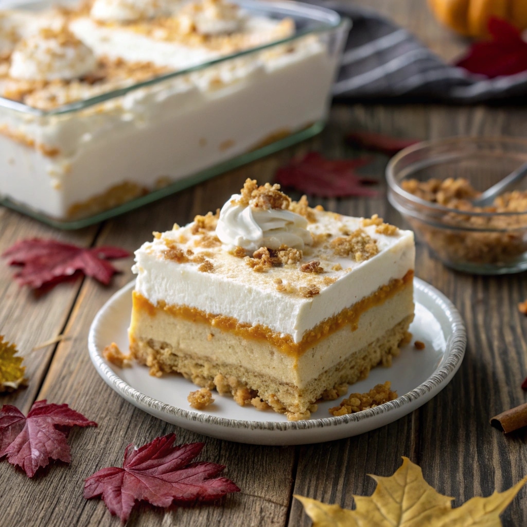 close-up of layered no bake pumpkin lush with whipped topping
