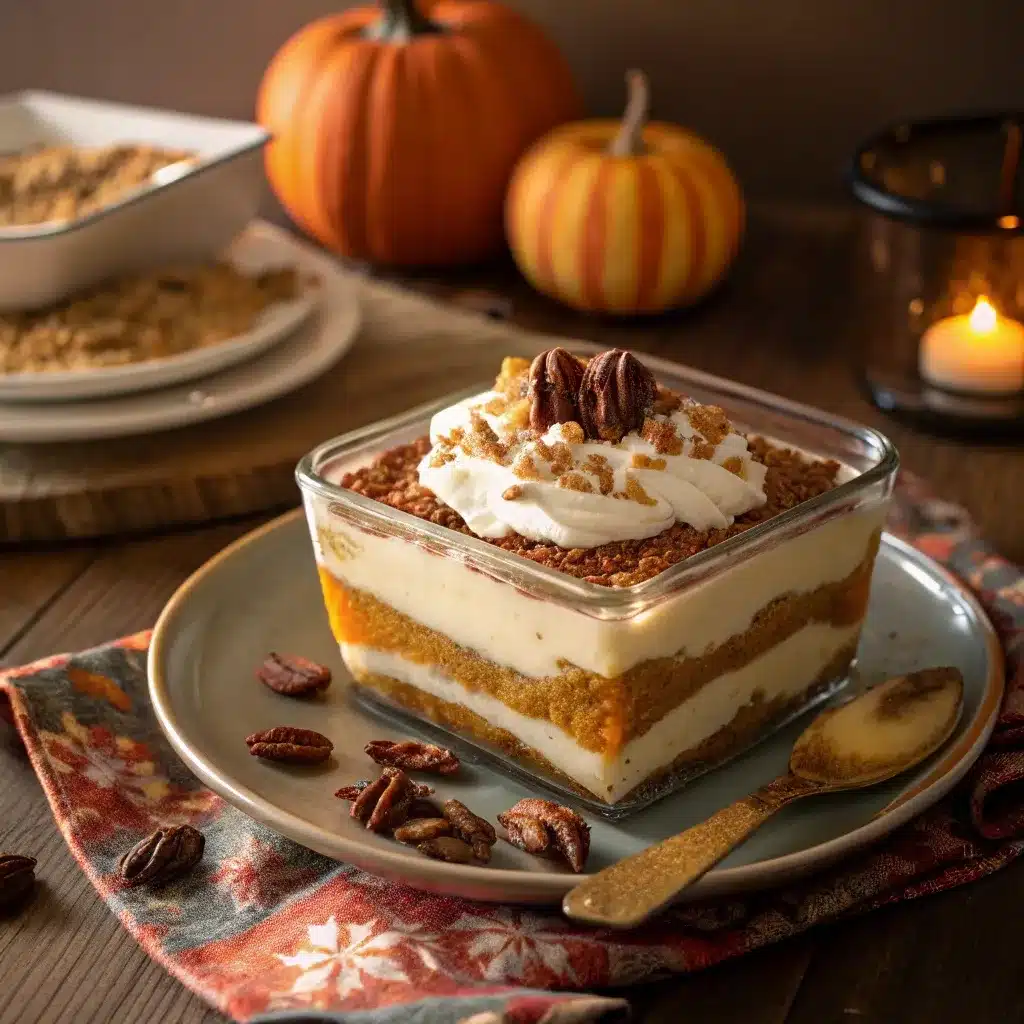 No bake pumpkin lush dessert layered with whipped cream and pecans