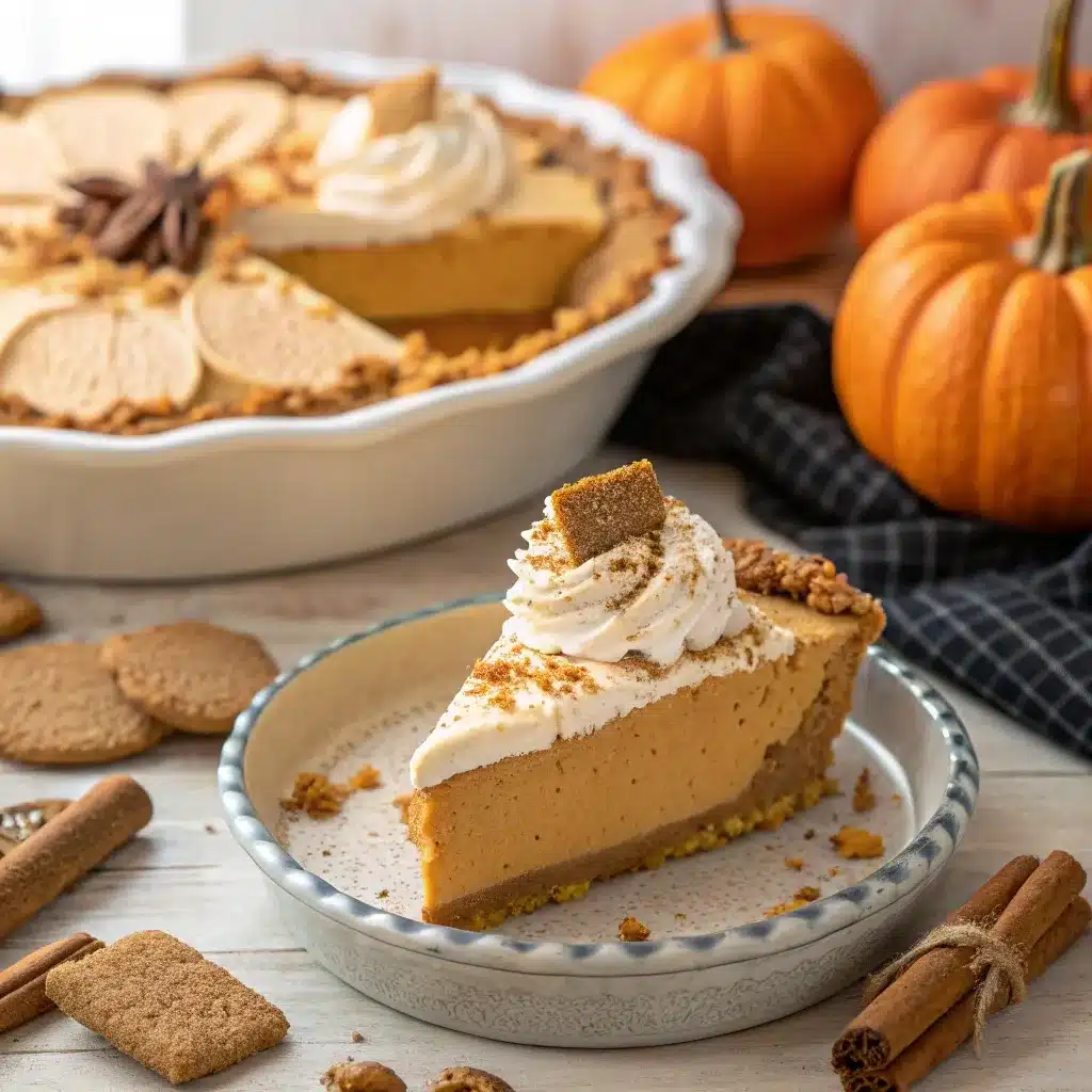 No Bake Pumpkin Pie Mousse topped with whipped cream, cinnamon, and cookie crumbles