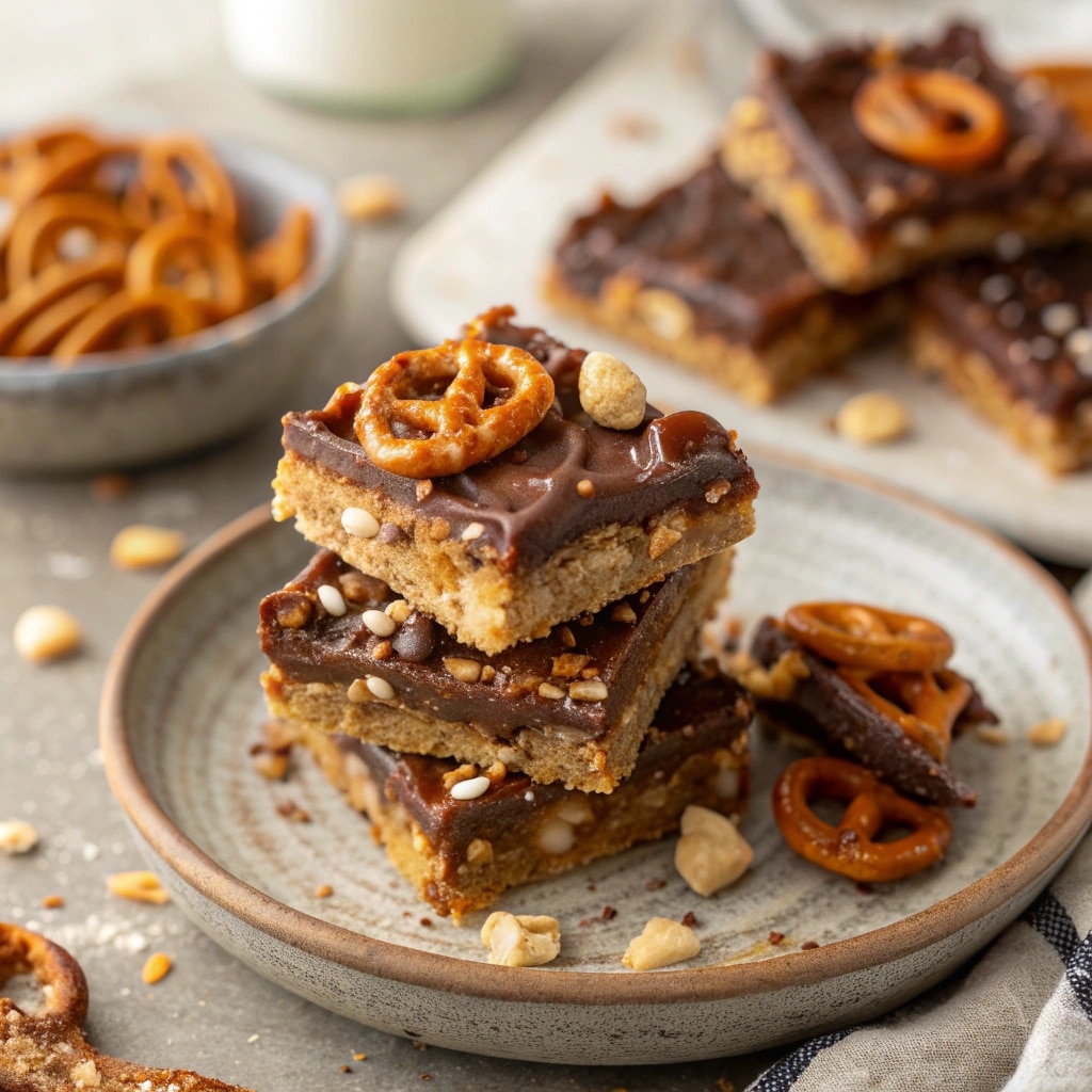 No Bake Salted Caramel Pretzel Bars stacked with gooey caramel and pretzels