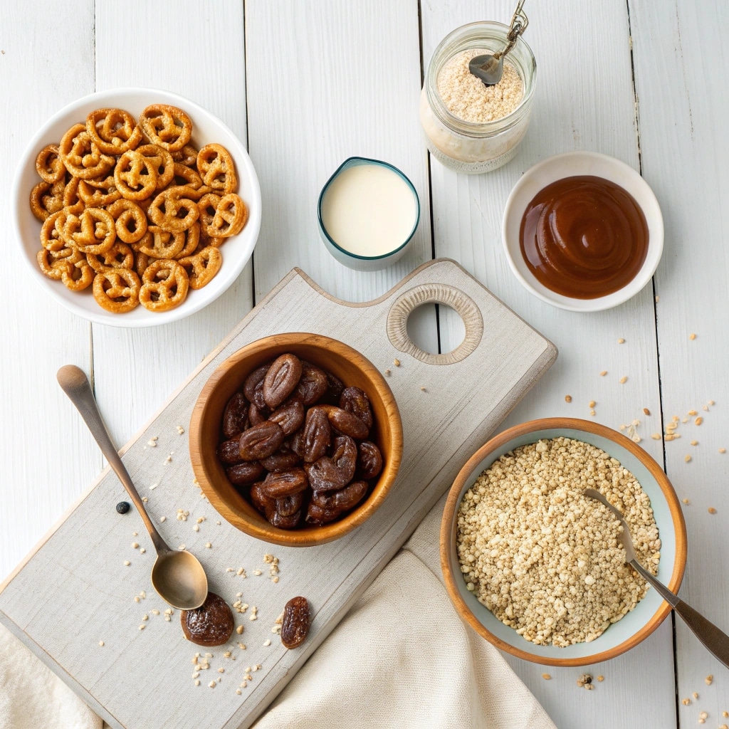Ingredients for no bake salted caramel pretzel bars on a rustic table