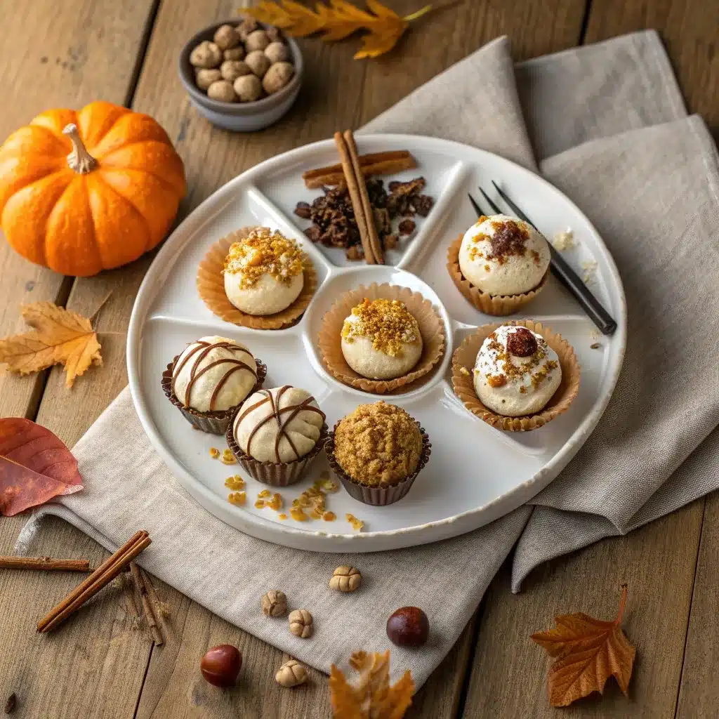 No bake Thanksgiving desserts styled on a round fall platter with pumpkin truffles, apple cups, and bark