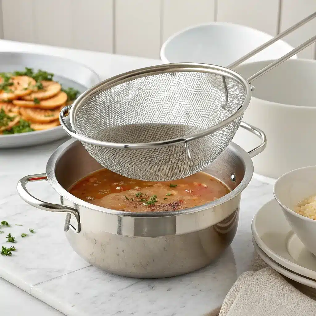 Straining Creamy Roasted Tomato Basil Soup through a fine-mesh sieve for café-smooth texture