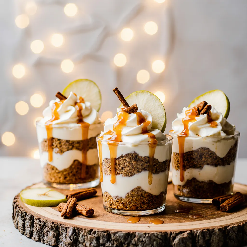 Finished pear gingerbread dessert cups topped with caramel drizzle and pear slices.