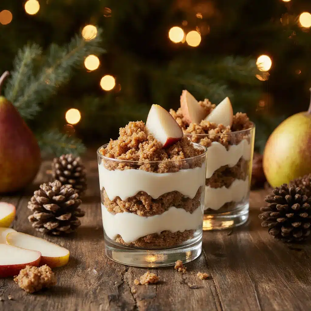 Glass dessert cups layered with gingerbread crumbs, cream filling, and diced pears on a rustic holiday table.