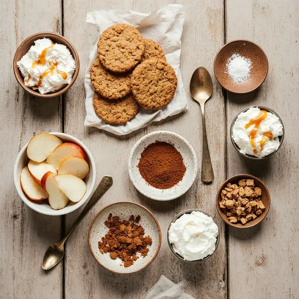 Flat lay of pears, gingerbread cookies, cream cheese, whipped cream, and spices arranged for dessert cups.