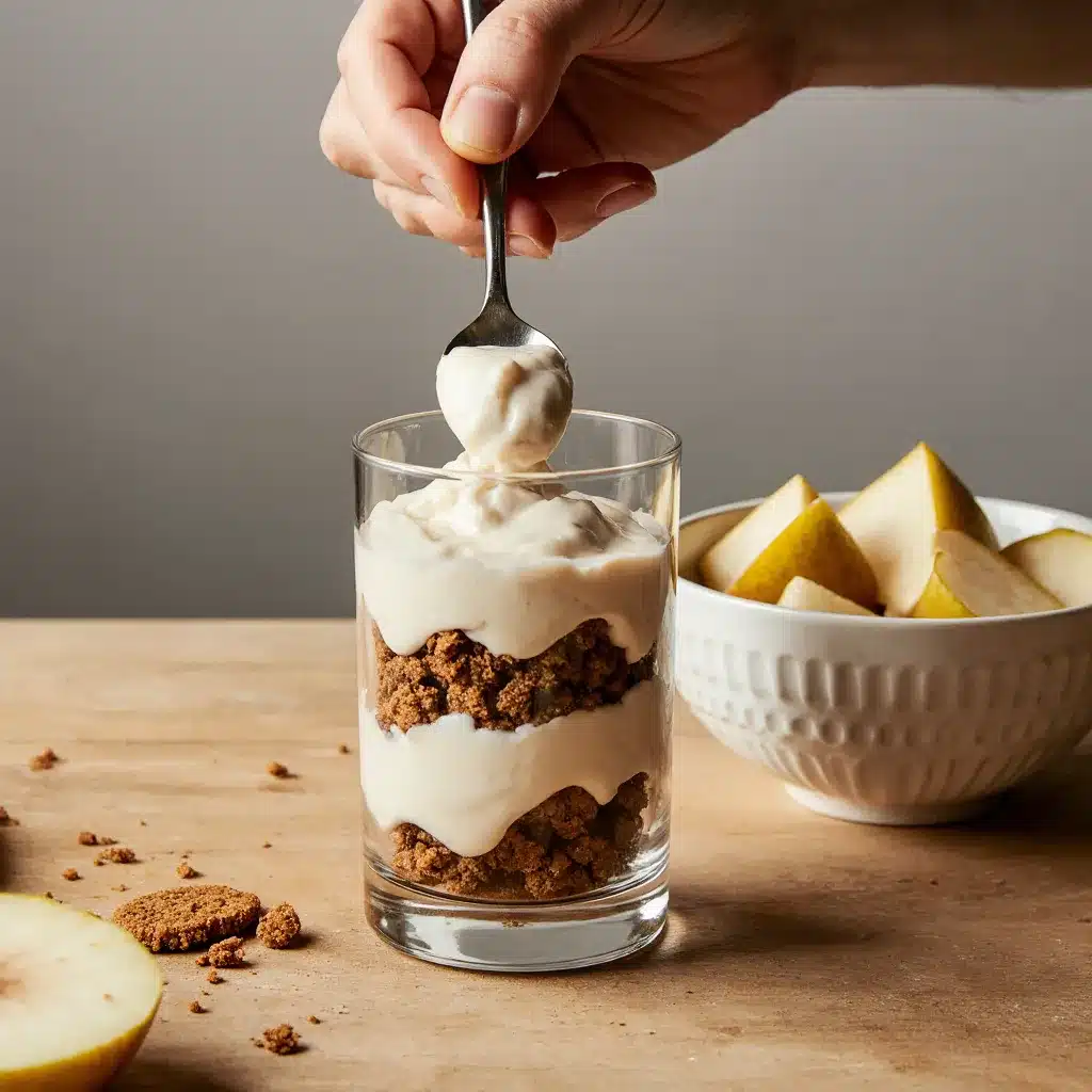 Hand spooning cream filling into a glass over cookie crumbs for pear gingerbread dessert cups.