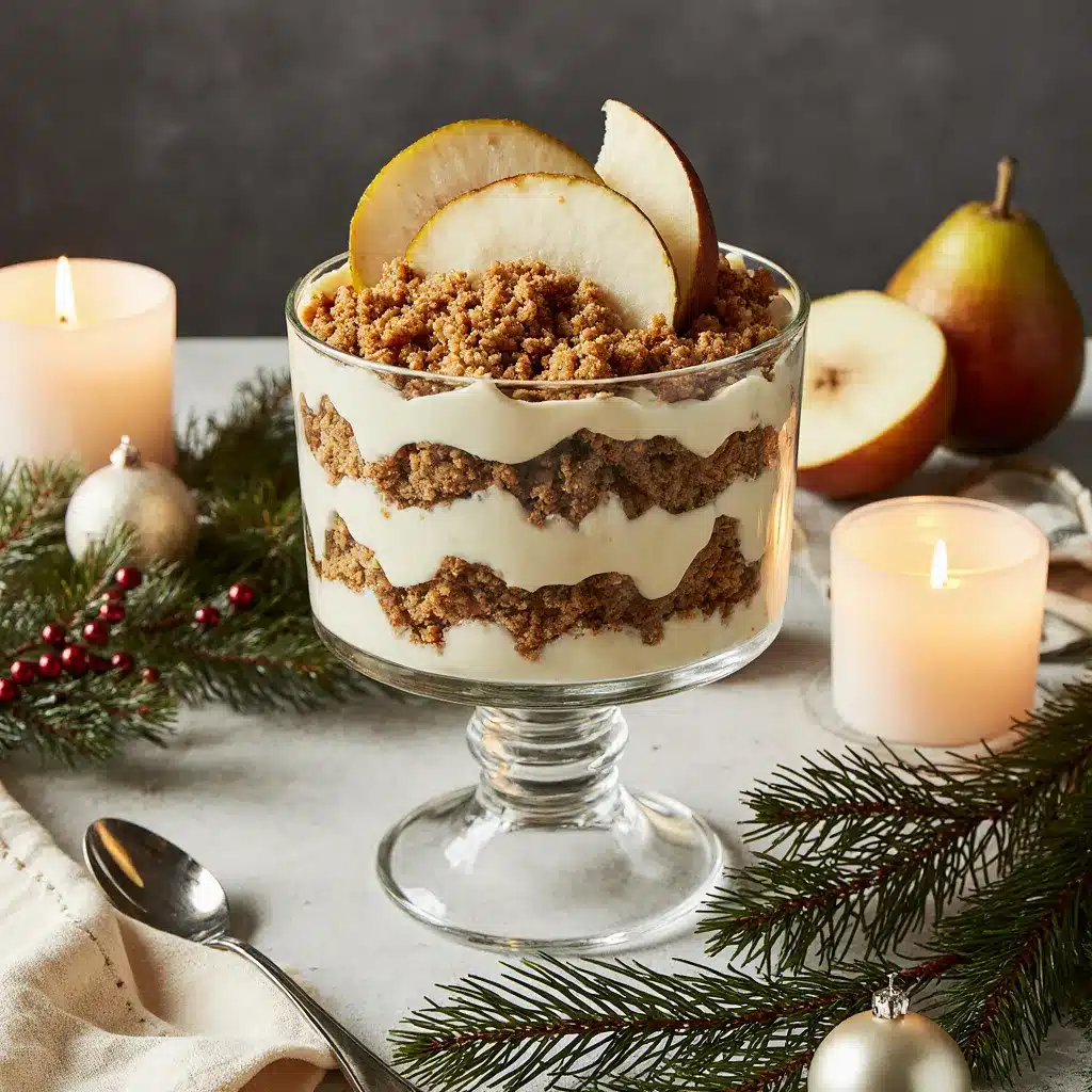 Large glass trifle bowl filled with layered pear gingerbread dessert.