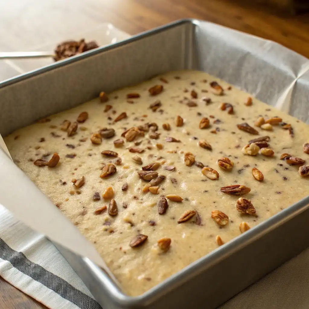 Pecan blondie batter spread in parchment-lined pan topped with chopped pecans.