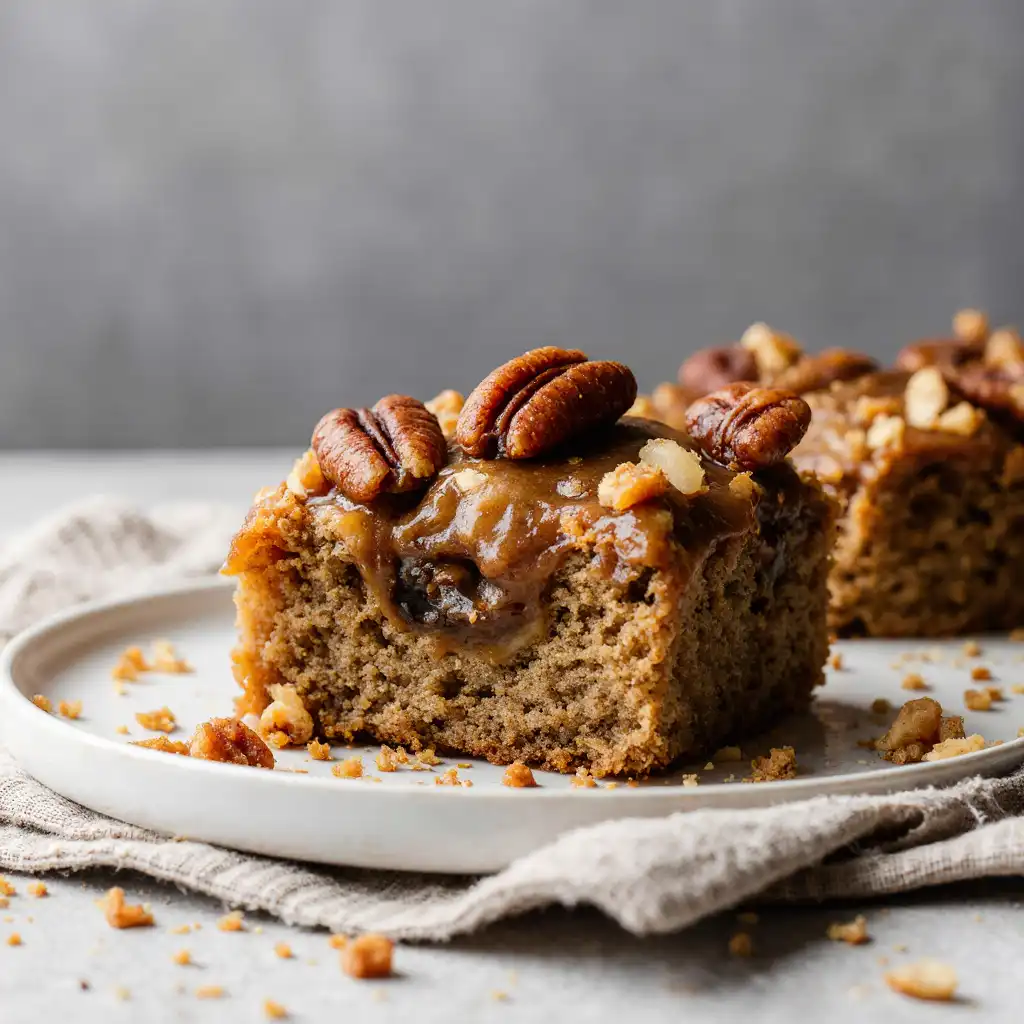 Close-up of pecan pie blondie showing gooey center and toasted pecan topping.