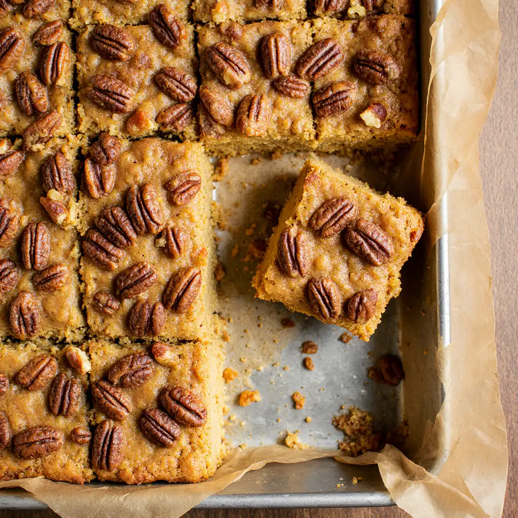 Pecan pie blondies in a baking pan with glossy pecan topping and golden edges.