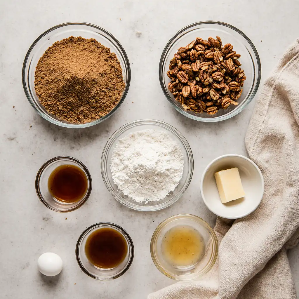 Overhead view of pecan pie blondie ingredients in small bowls: butter, brown sugar, eggs, pecans, flour, and maple syrup.