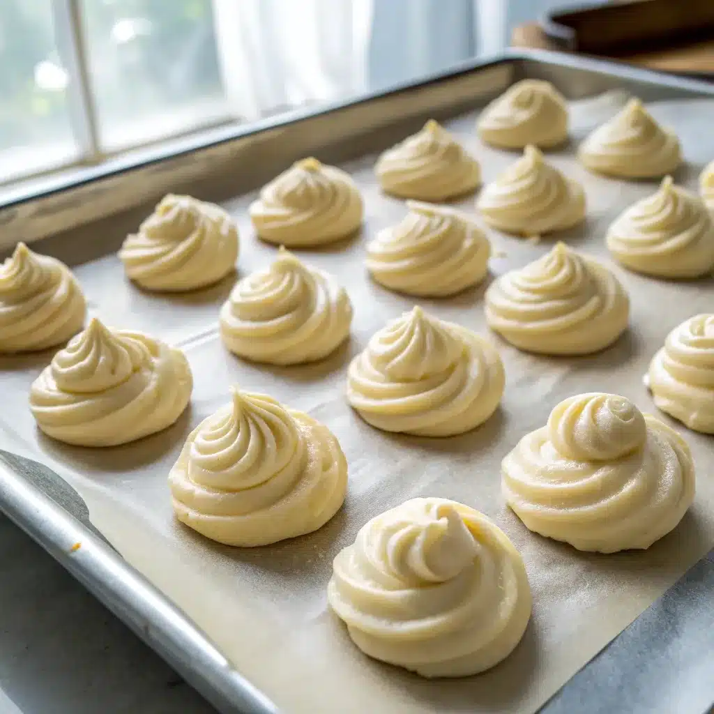 Unbaked cream puff dough piped on a baking tray