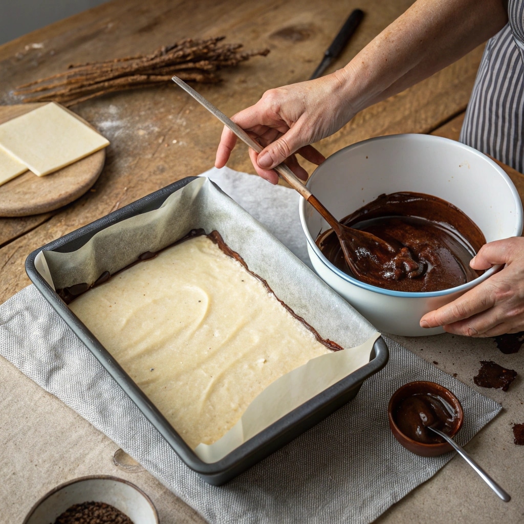 Pressing caramel pretzel bar base into baking pan