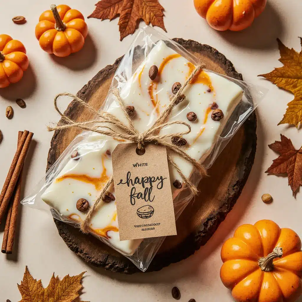 Pumpkin Spice Bark packaged in cellophane with fall-themed tags