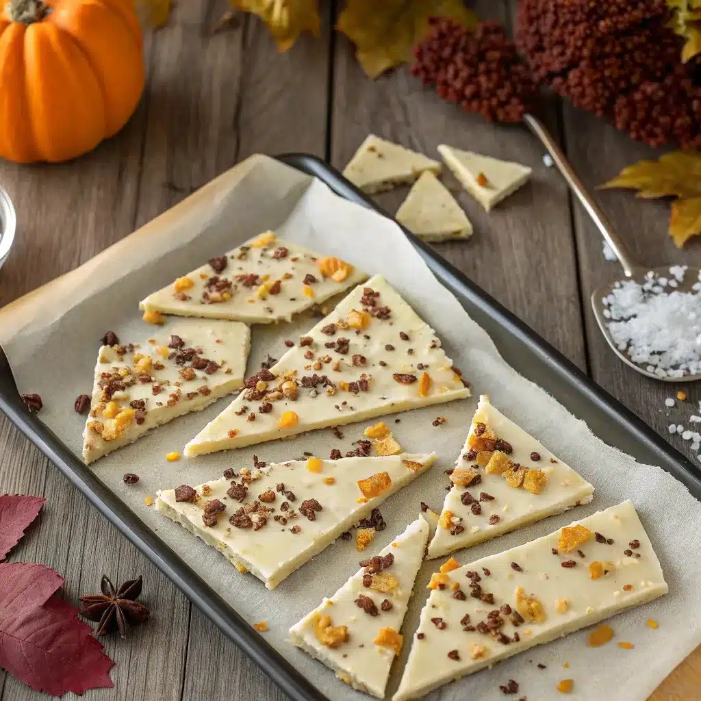 Pumpkin spice latte bark topped with toffee bits