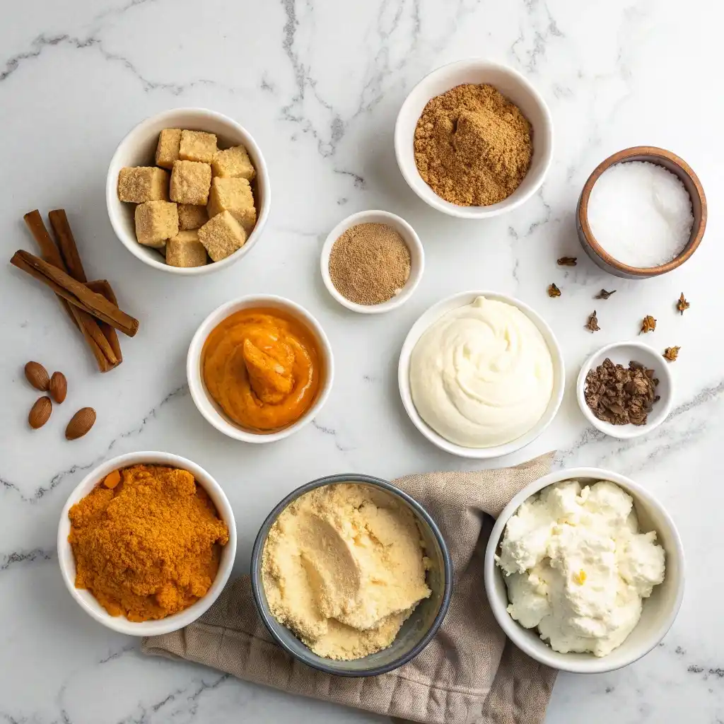 Ingredients for no bake pumpkin cheesecake cups displayed on a marble counter.