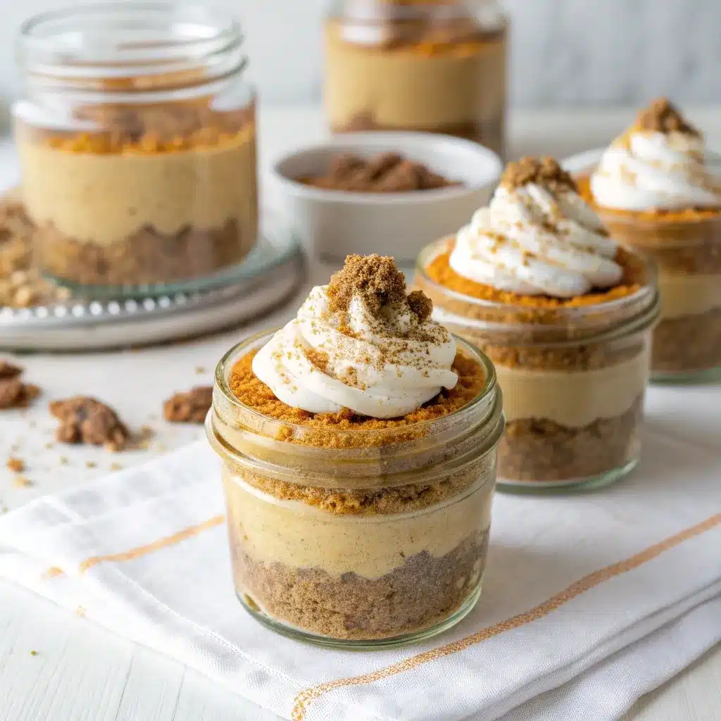 No bake pumpkin cheesecake cups in glass jars with whipped topping