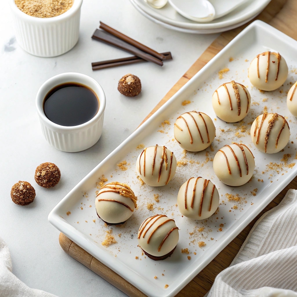 plate of pumpkin cheesecake truffles with caramel drizzle and crumbs, coffee cups softly blurred nearby