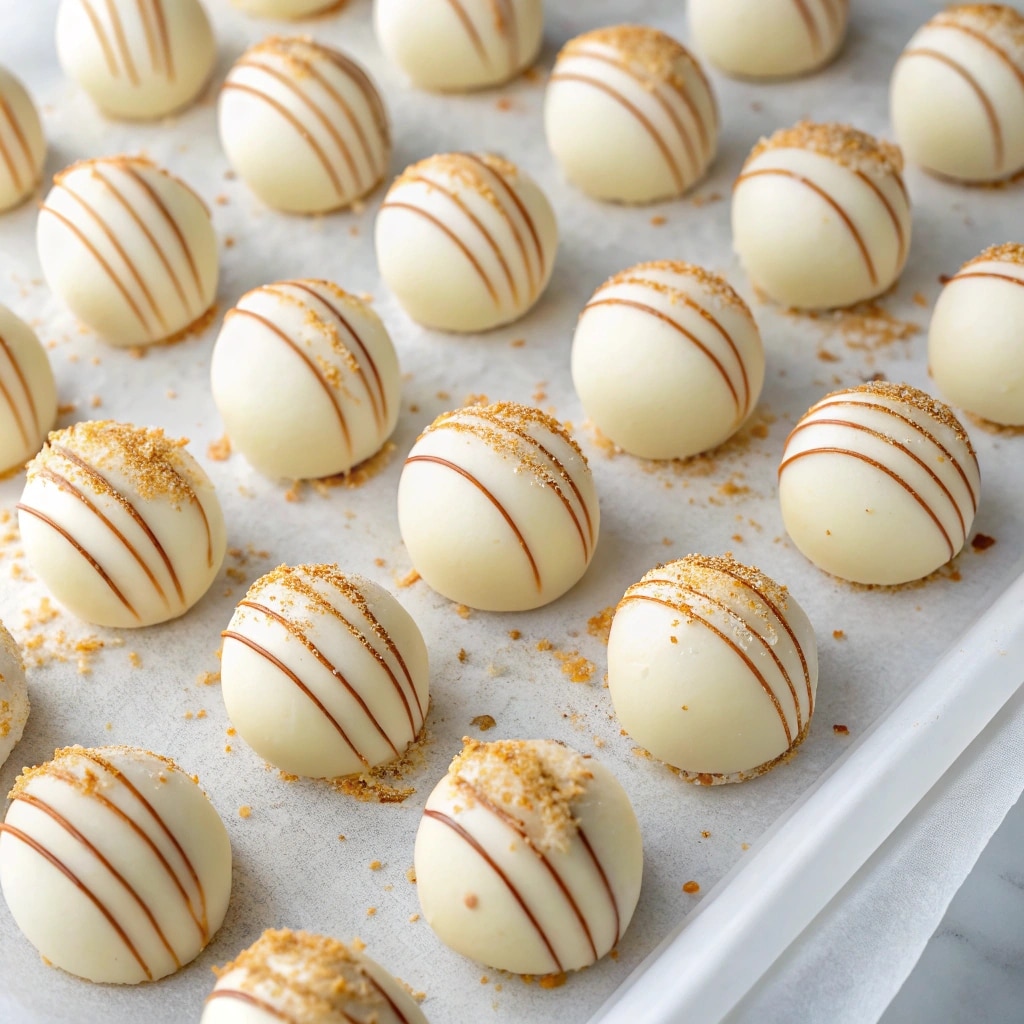 Pumpkin Cheesecake Truffles in Neat Rows with Drizzle