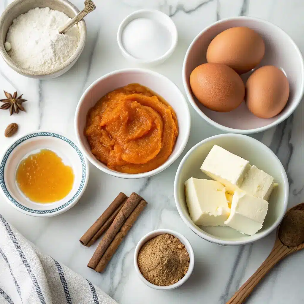 Pumpkin, cream, eggs, sugar, spices and pastry on a white countertop for pumpkin cream puffs