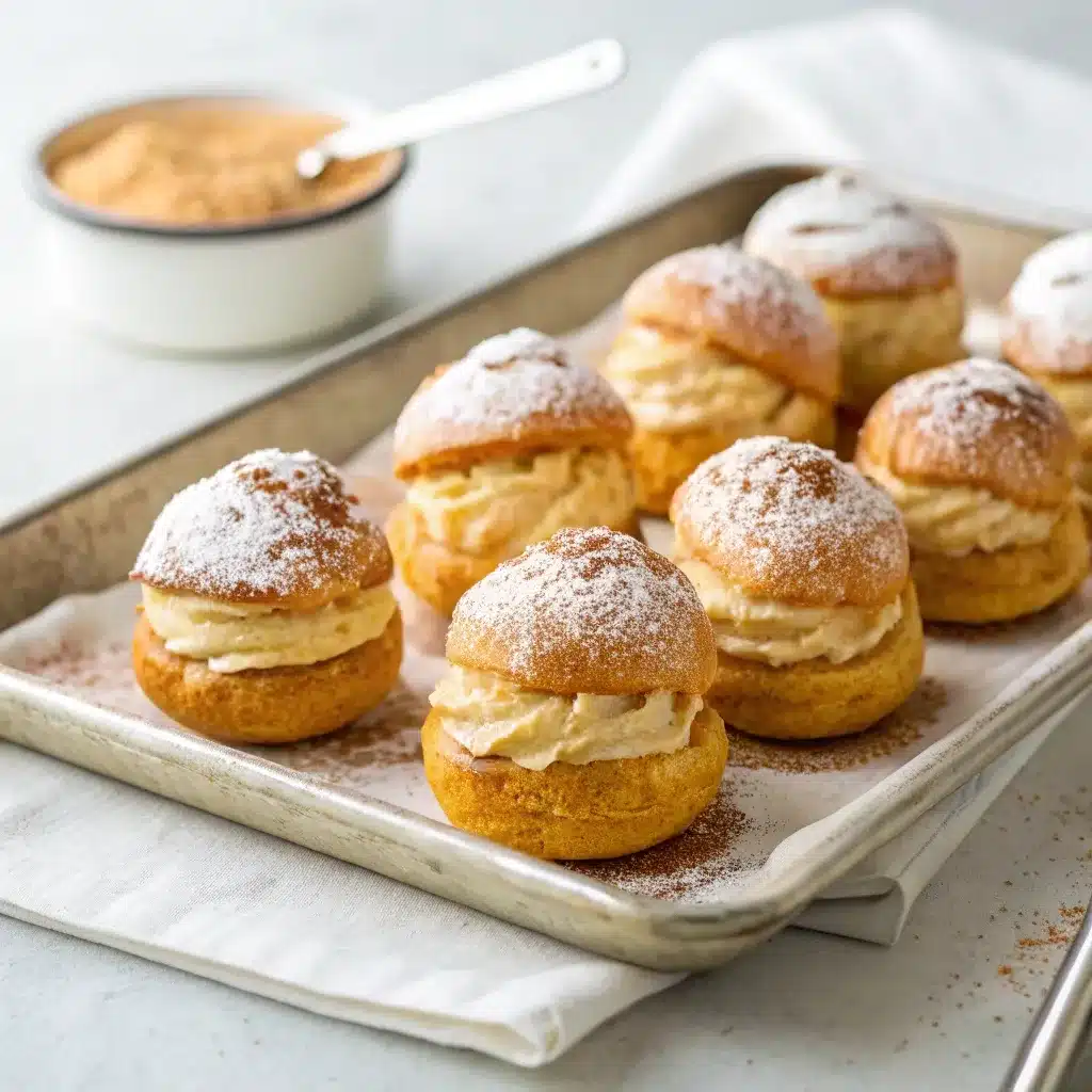 Pumpkin spice cream puffs ready to serve on a white tray