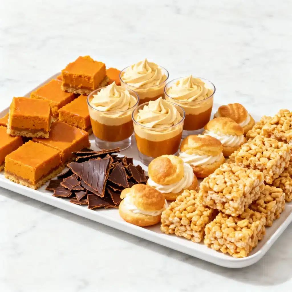 Assorted pumpkin desserts on a bright platter including bars, mousse, bark, and cream puffs