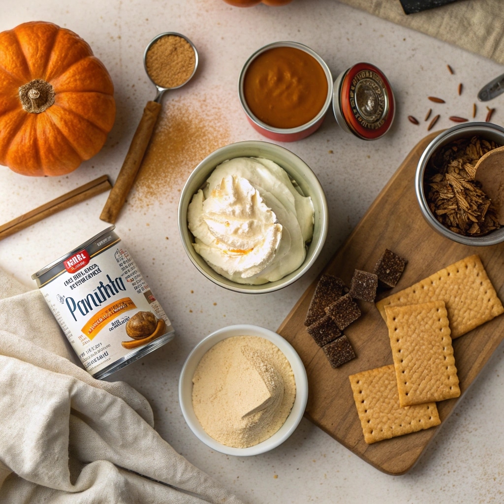 no bake pumpkin lush ingredients laid out on table