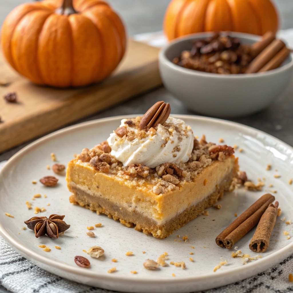 slice of pumpkin lush served on a plate with garnish