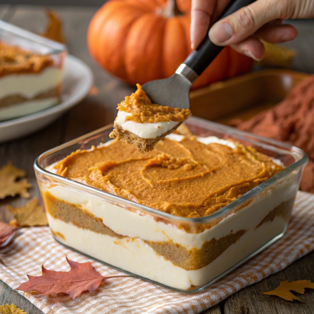 spreading pumpkin pudding over cream cheese layer
