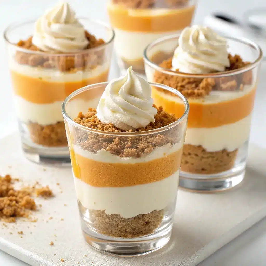 Layered pumpkin parfaits in glasses for no-bake pumpkin desserts