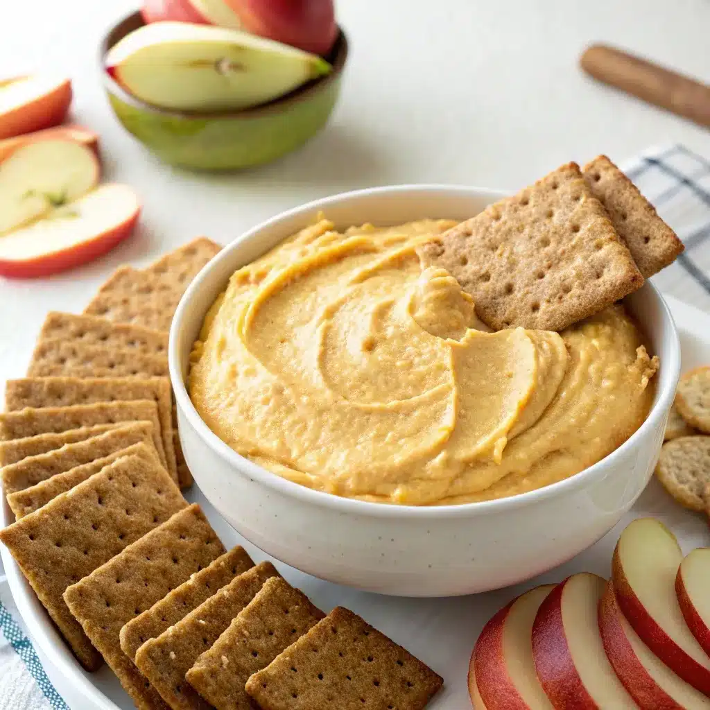 Creamy pumpkin pie dip served with graham crackers for easy pumpkin desserts
