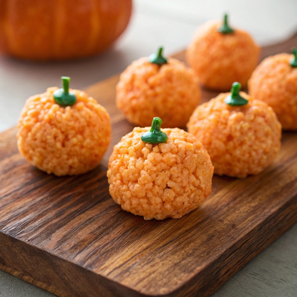 pumpkin rice krispie treats as balls with green candy stems on a walnut board