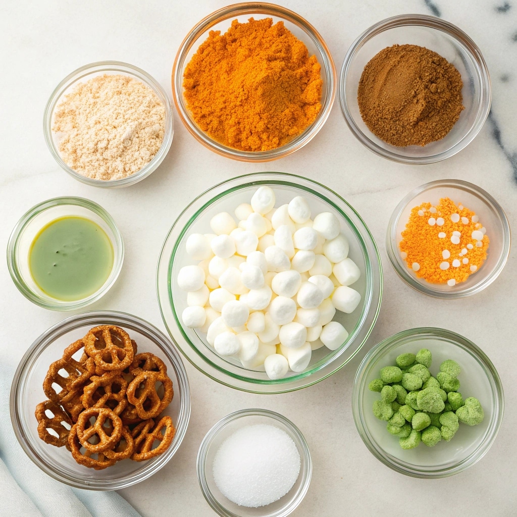 ingredients for pumpkin rice krispie treats including mini marshmallows cereal butter pumpkin spice vanilla salt pretzels