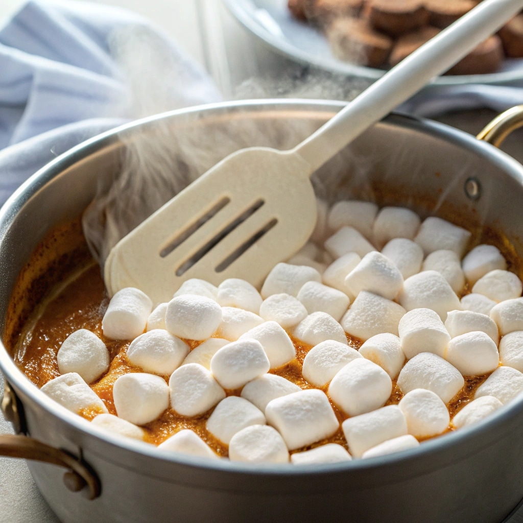 glossy melted marshmallow base with pumpkin spice for pumpkin rice krispie treats