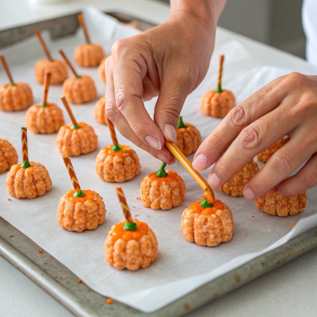 hands shaping pumpkin rice krispie treats and inserting pretzel stems
