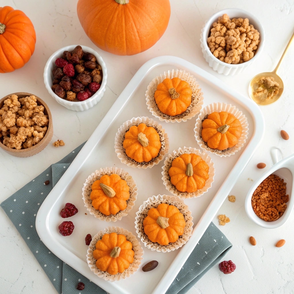 pumpkin rice krispie treats on a white tray with a few pumpkin shapes for Thanksgiving
