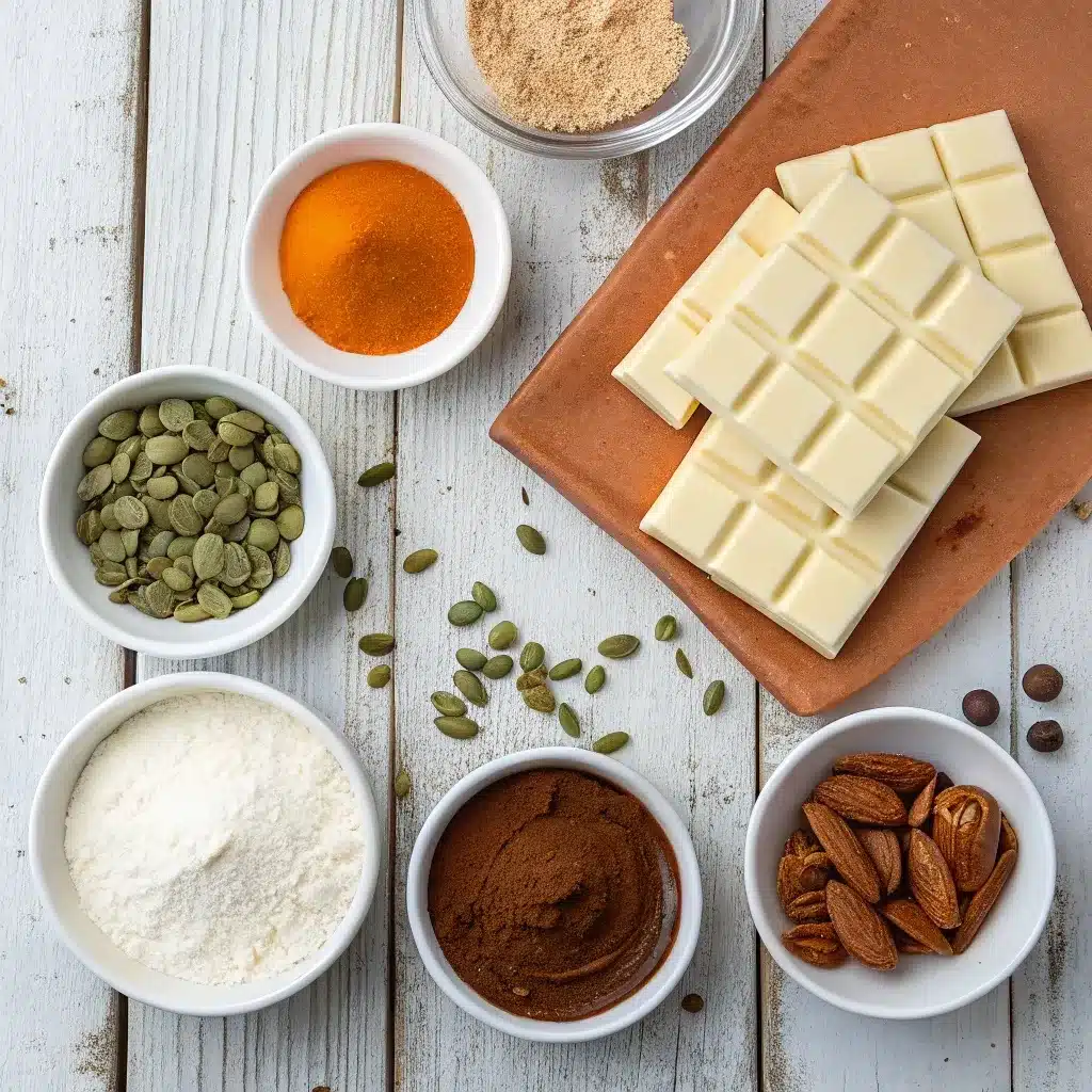 Ingredients for making Pumpkin Spice Latte Bark displayed flat lay style